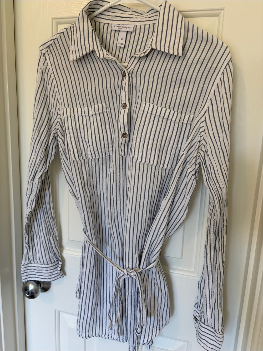 Maternity! Liz Lange White and Navy Striped Button-Front Tie-Waist Tunic